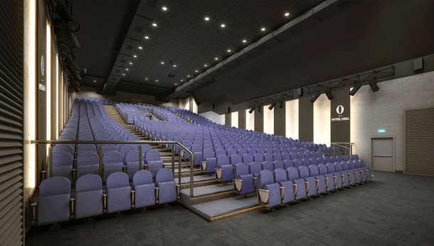 Sala kinowa w Hotelu Ossa z panelami akustycznymi Muraspec